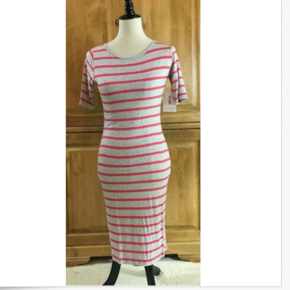 LuLaRoe Julia Pencil Dress XS Gray Coral Stripes